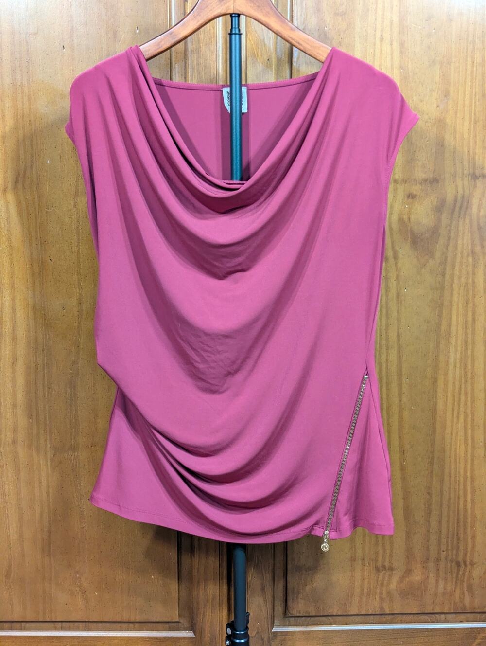 Anne Klein Burgundy Draped Cowl‑Neck Sleeveless Top Measurements Provided